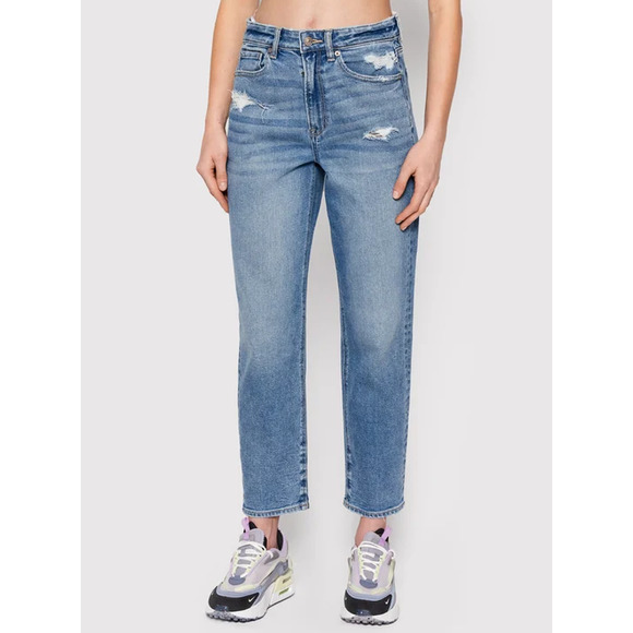 American Eagle Outfitters Denim - American Eagle Mom Straight Jeans High Rise Denim Ripped Medium Wash Blue